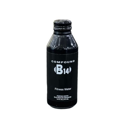 Home Single bottle of Compound B14 Fitness Water, 16 fl oz, featuring a sleek black design with white text.